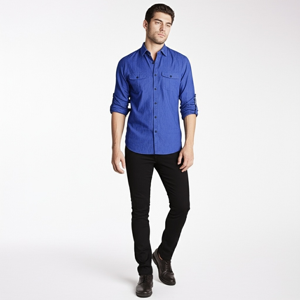 EXPRESS Mens Blue Long Sleeve Roll-Up Tab Extra Slim Fit Button-Down Shirt